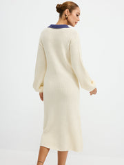 Contrast Collar Waffle-Knit Maxi Dress