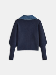Leg-Of-Mutton Sleeve Denim Panel Knit Cardigan