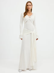 Lace Trim Tie-Waist Tiered Flared-Cuff Maxi Dress