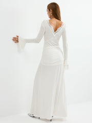 Lace Trim Tie-Waist Tiered Flared-Cuff Maxi Dress