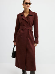 Suede Effect Double-Breasted Long Trench Coat