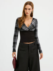 Plaid Paneled Slim-Fit Knit Long Sleeve Blouse