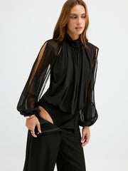 Sheer Chiffon Mock Neck Backless Blouse