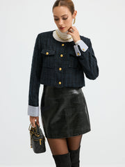 Tweed Cuffed-Sleeve Cropped Wool Blend Jacket