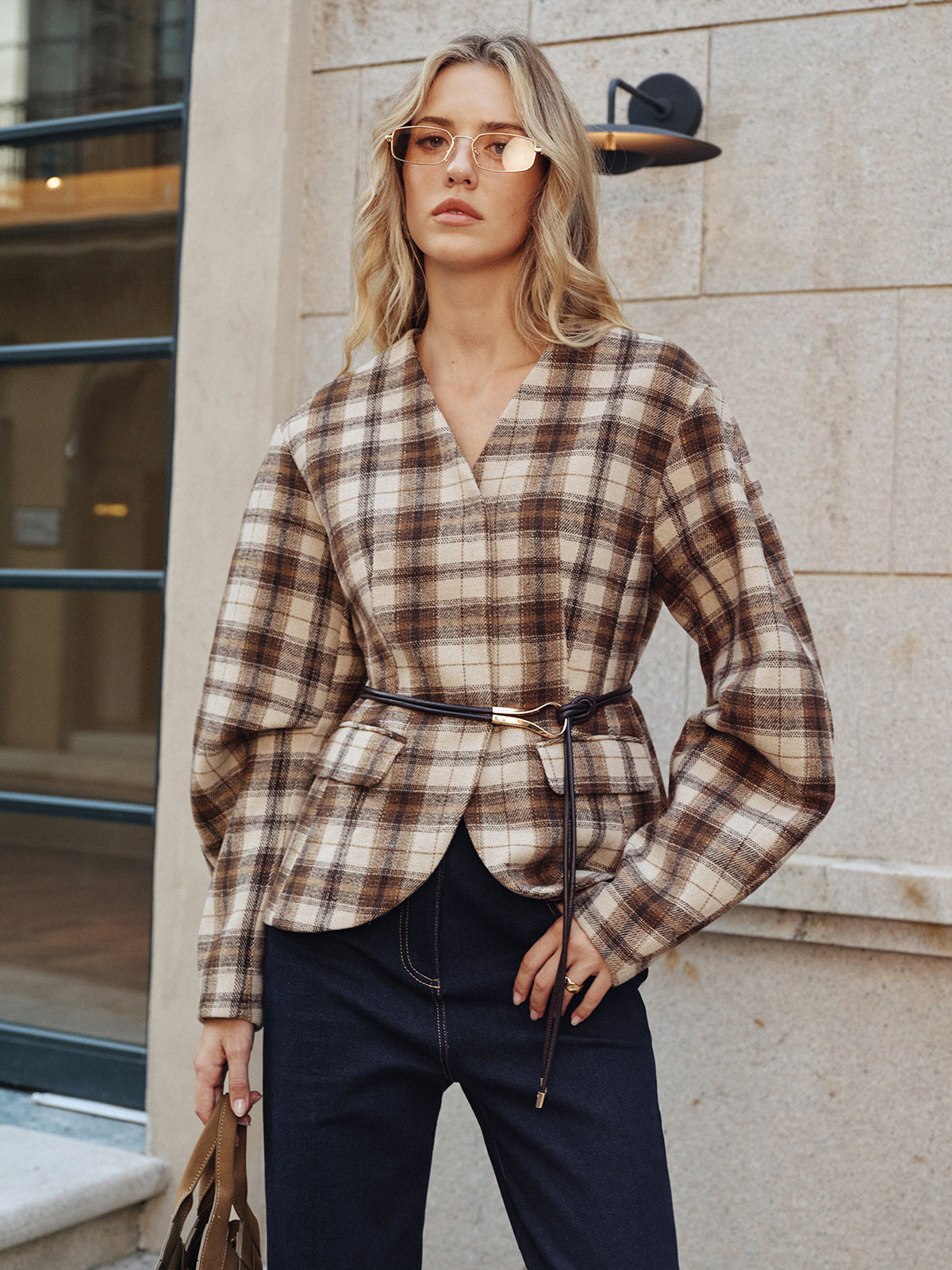 Belted Plaid Tweed Coat