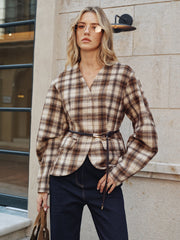 Belted Plaid Tweed Coat