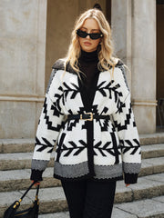 Geometric Pattern Collared Knit Cardigan without Belt