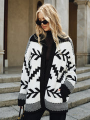 Geometric Pattern Collared Knit Cardigan without Belt