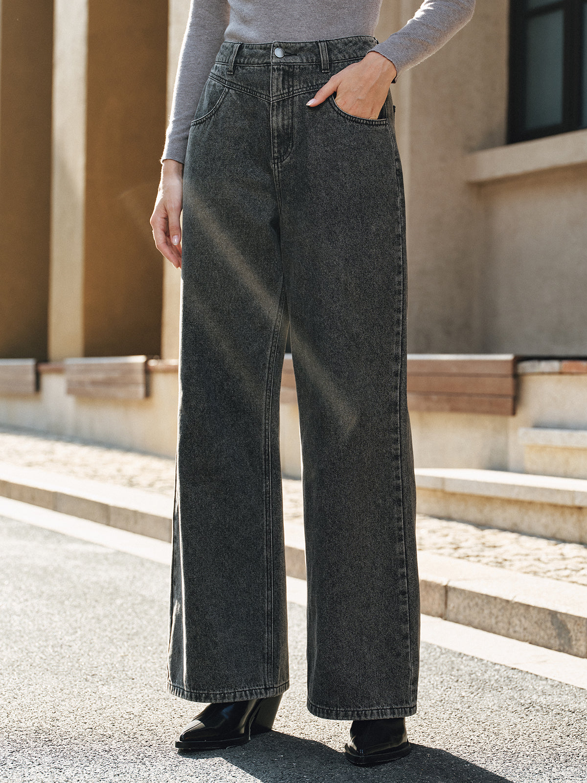 High-Waisted Washed Denim Pants