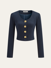 Ribbed Crew Neck Metal Button Blouse