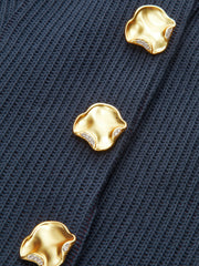 Ribbed Crew Neck Metal Button Blouse