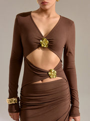 Metal Detail Long Sleeve Cut-Out Maxi Dress