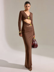 Metal Detail Long Sleeve Cut-Out Maxi Dress