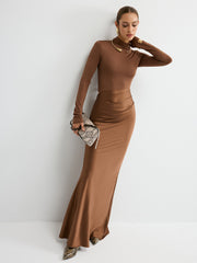 Satin Panel Mock Neck Long Sleeve Maxi Dress