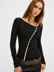 Contrast Trim Decor Button Asymmetric Collar Top