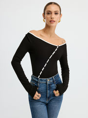 Contrast Trim Decor Button Asymmetric Collar Top