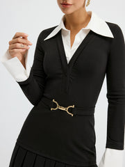 Contrast Shirt Paneled Belted Pleated Mini Dress