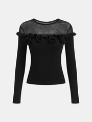 3D Floral Ruffle Trim Sheer Panel Knit Top