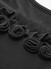 3D Floral Ruffle Trim Sheer Panel Knit Top