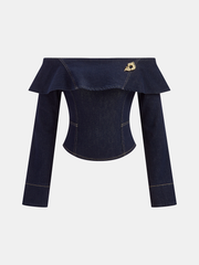 Off-Shoulder Ruffle Collar Denim Top