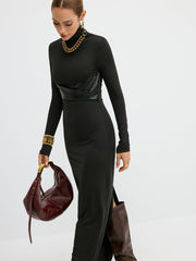 Turtleneck Faux Leather Paneled Maxi Dress
