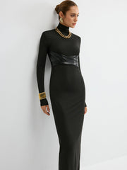 Turtleneck Faux Leather Paneled Maxi Dress