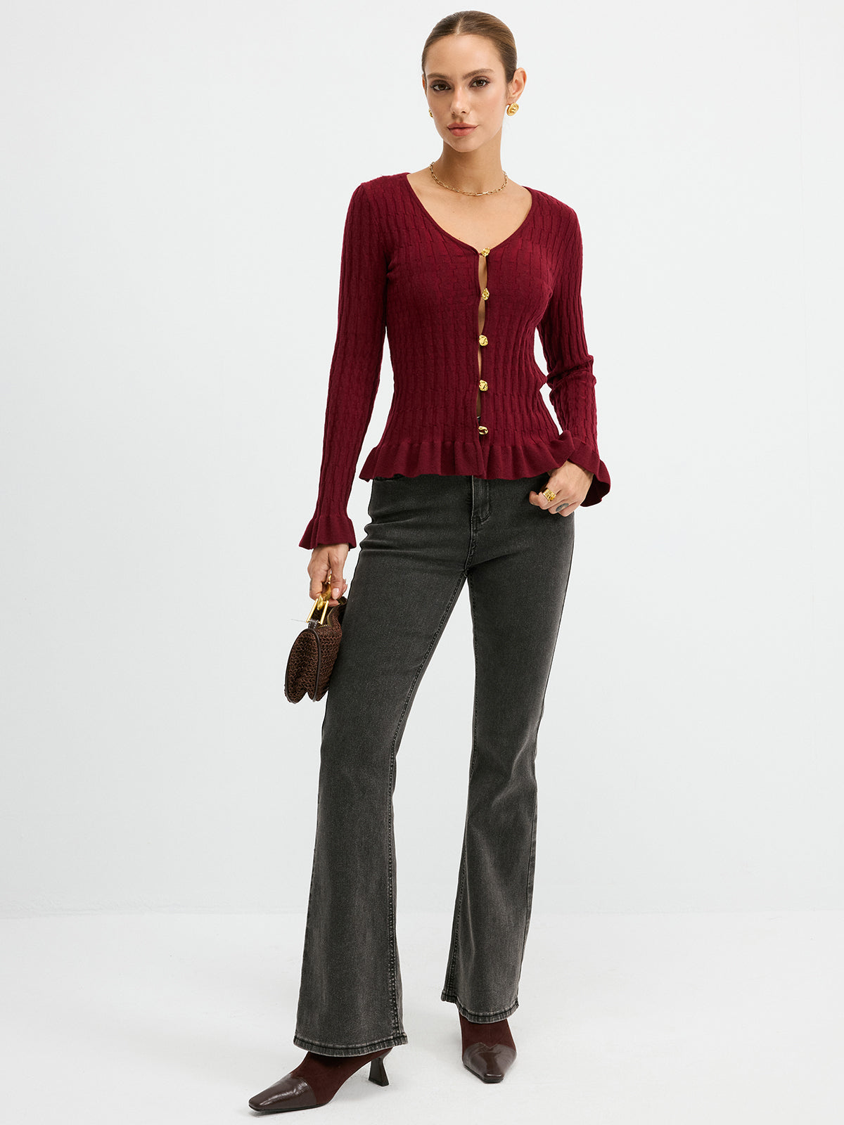 Metal Button Textured Fitted Wool Blend Knit Top