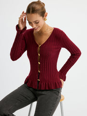 Metal Button Textured Fitted Wool Blend Knit Top