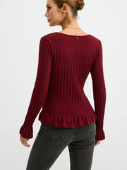 Metal Button Textured Fitted Wool Blend Knit Top