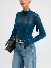 Sheer Panel Tie Neck Wool Blend Knit Top