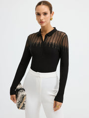 Glitter Detail Sheer Panel  Polo Knit Top