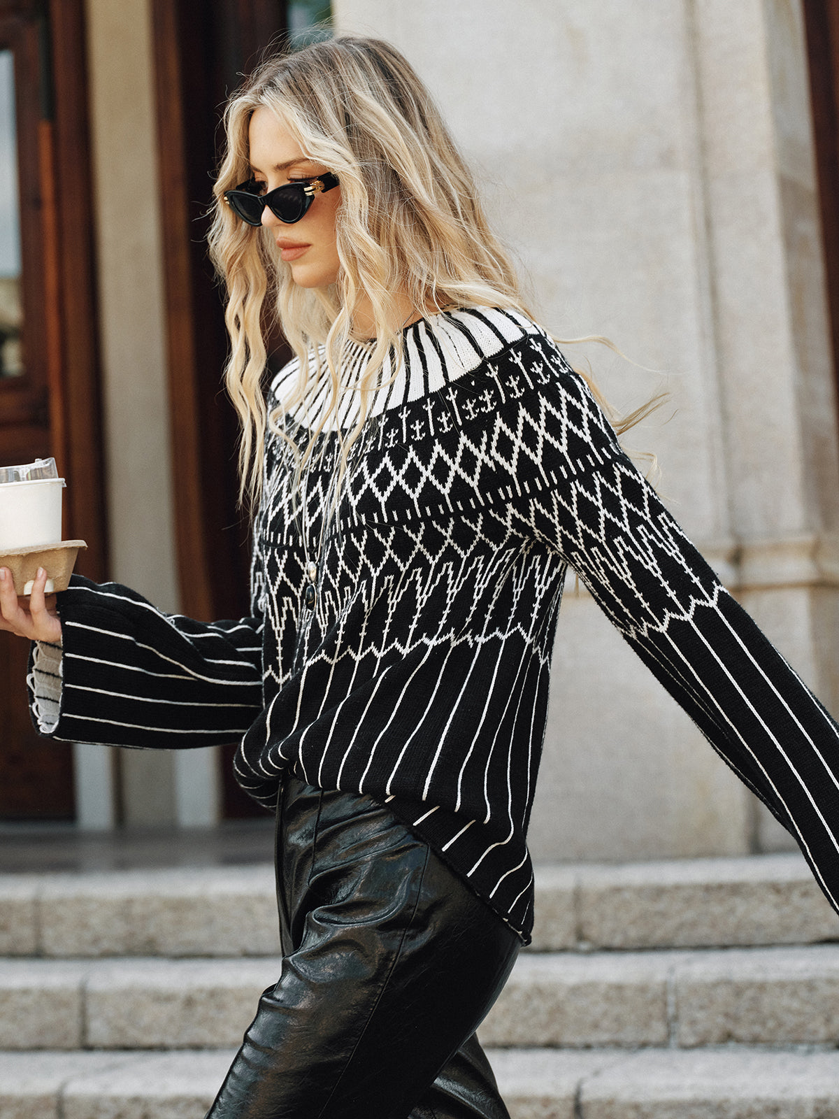 Fair Isle Pattern Bell Sleeve Sweater