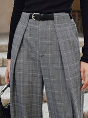 Pleated Plaid Belted Wide-Leg Pants