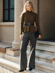 Belted Peplum Turtleneck Knit Top