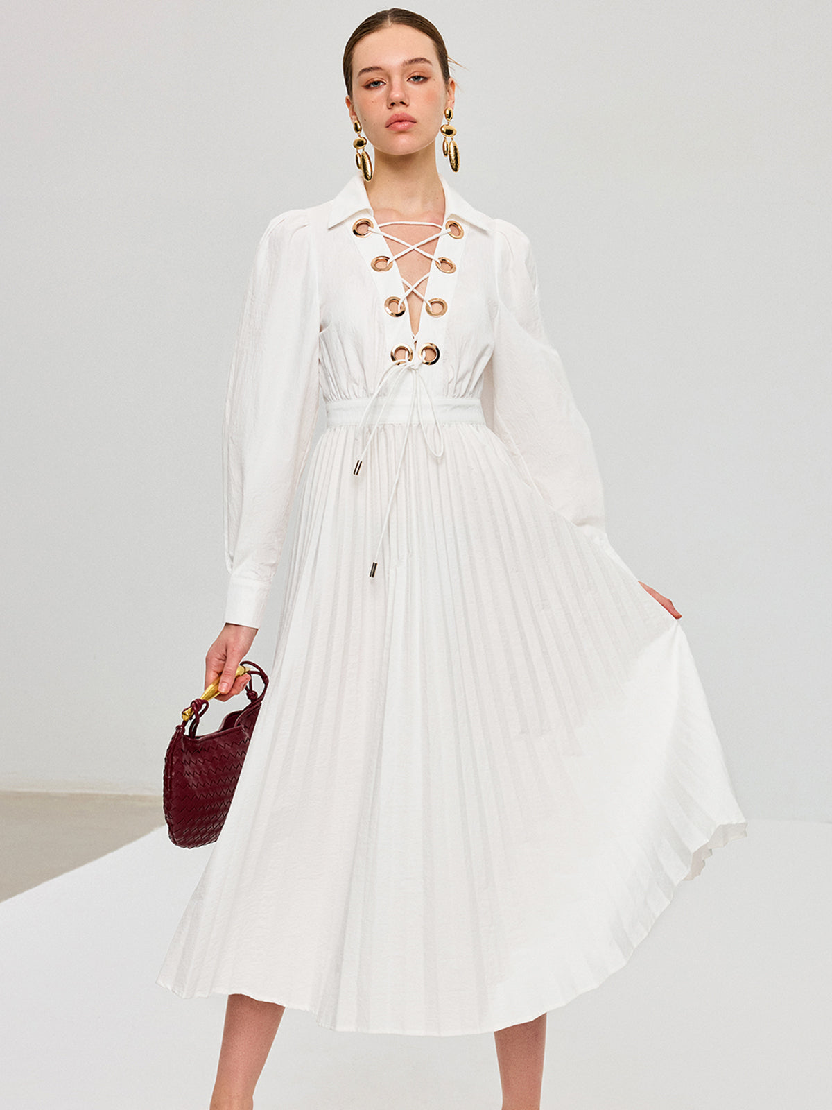 Lace-Up Pleated Midi Dress