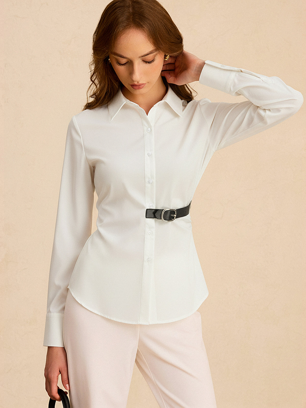 Long Sleeve Half Belt Button-Down Shirt