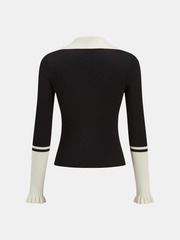 Ruffled Cuff Color-Block Collared Knit Top