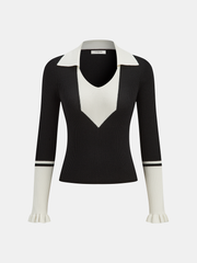 Ruffled Cuff Color-Block Collared Knit Top
