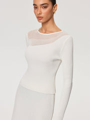 Sheer Panel Ribbed Knit Top