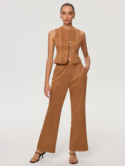 Suede Effect Sleeveless Top and Flared Pants Set