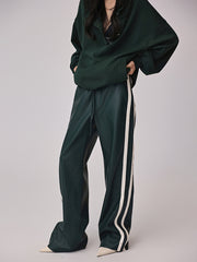 Striped High-Waisted PU Leather Drawstring Pants