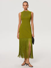 Fringe Hem Tencel Sleeveless Maxi Dress