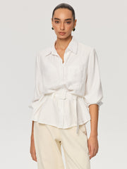 Long Sleeve Belted Cotton Shirt