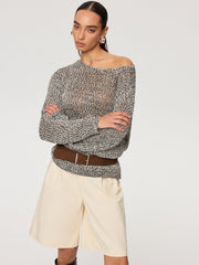 Off-Shoulder Belted Marled Sweater