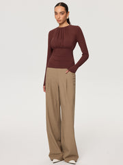 Ruched Long Sleeve Round Neck Knit Blouse