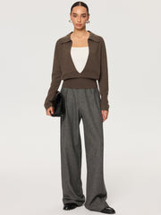 2 in 1 Color-Block Wool Blend Polo Collar Sweater