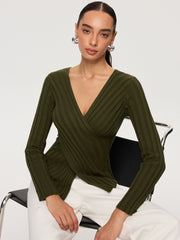 Cross-Over V-Neck Fitted Ribbed Knit Top