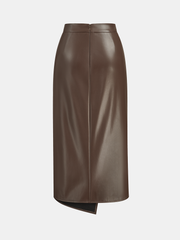 Ruched Slit PU Leather Midi Skirt