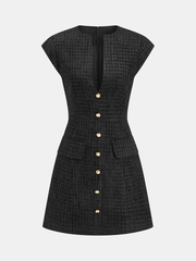 Metal Button Tweed Sleeveless Mini Dress