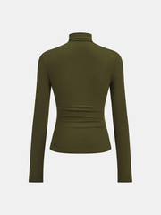 Turtleneck Ruched Decor Button Knit Top